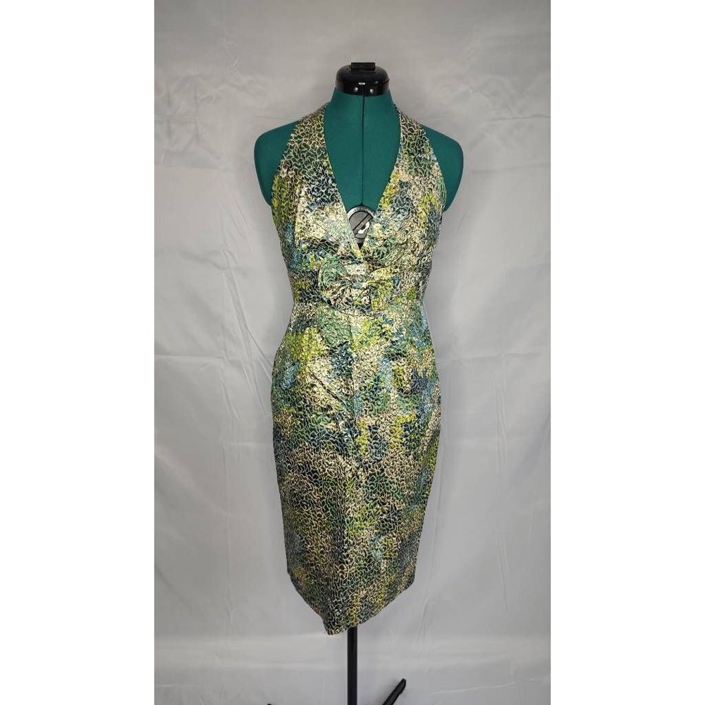 *Badgley Mischka Women's Cocktail Dress Green Gold Metallic Knee Length Halter 4